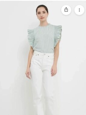 English Factory Striped Ruffle Sleeve Top in Green And White